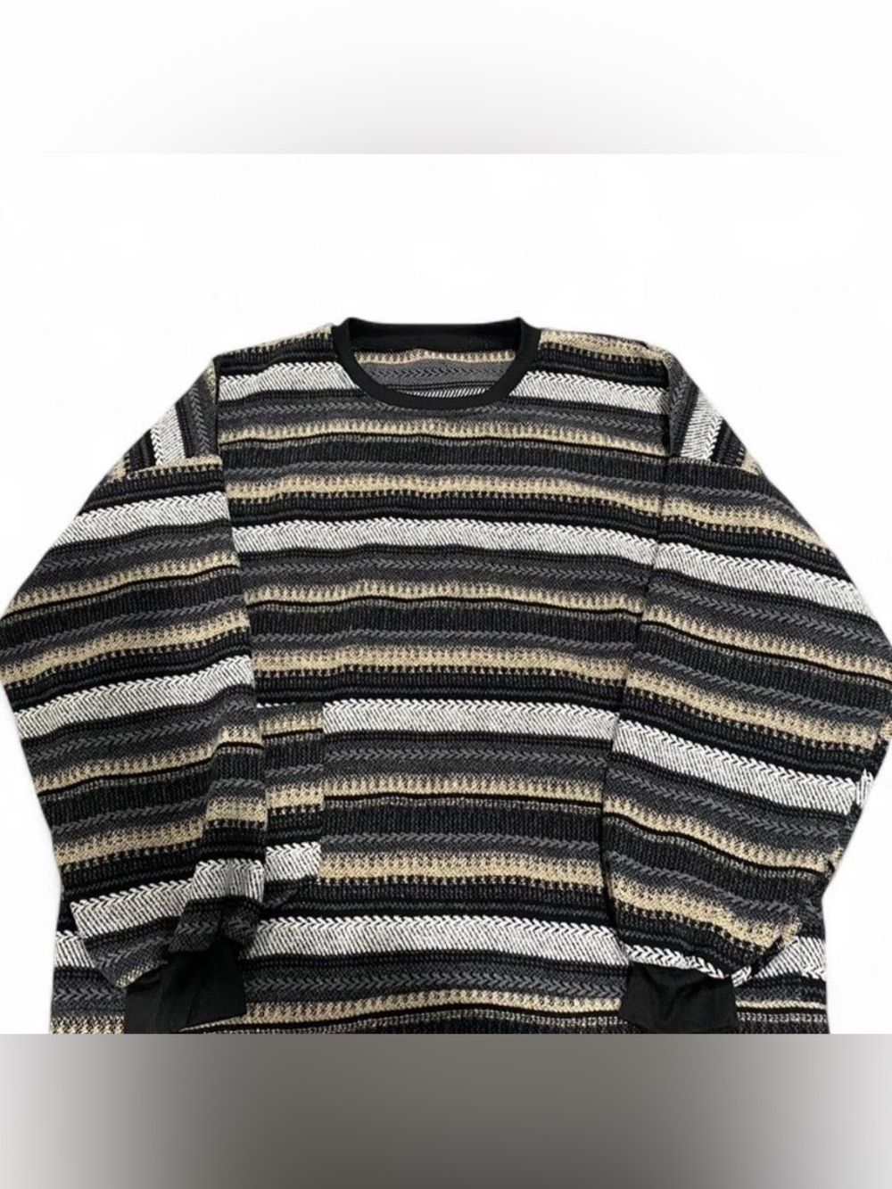 Men's Striped Crewneck Sweater in Black, Gray & Cream